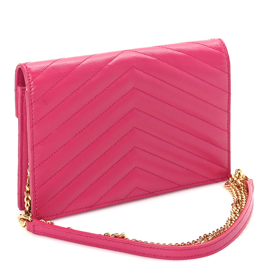 Saint Laurent Grain De Poudre Matelasse Chevron Monogram Envelope Chain Wallet Fresh Fuchsia Image 2