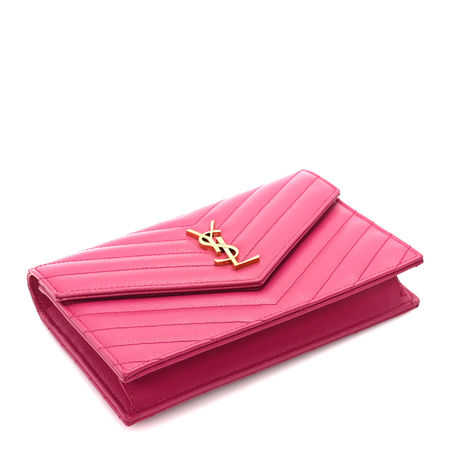 Saint Laurent Grain De Poudre Matelasse Chevron Monogram Envelope Chain Wallet Fresh Fuchsia Image 3