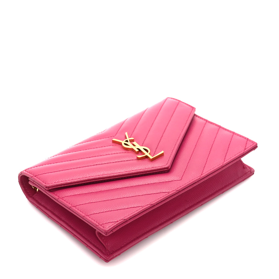Saint Laurent Grain De Poudre Matelasse Chevron Monogram Envelope Chain Wallet Fresh Fuchsia Image 7