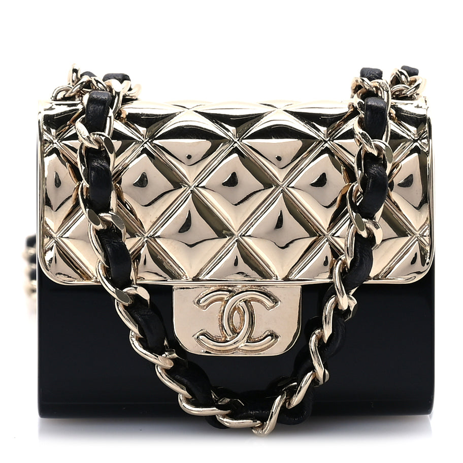 Chanel Metal Resin Lambskin Flap Bag Long Necklace Gold Black Image 1