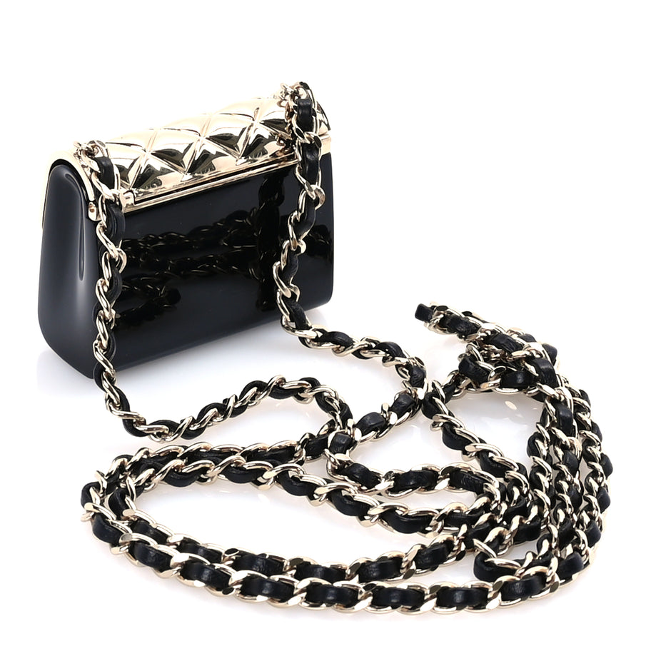 Chanel Metal Resin Lambskin Flap Bag Long Necklace Gold Black Image 3