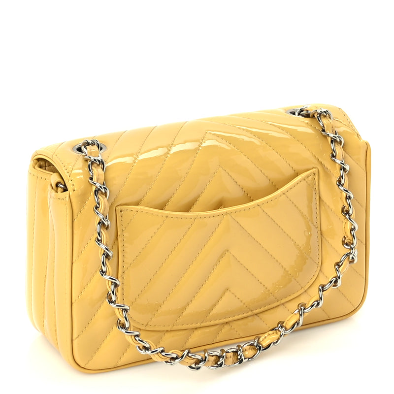  Chanel Patent Chevron Quilted Mini Rectangular Flap  Yellow