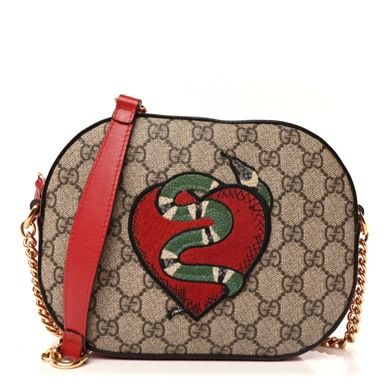  Gucci GG Supreme Monogram Kingsnake Heart Embroidered Mini Chain Shoulder Bag  Beige Hibiscus Red
