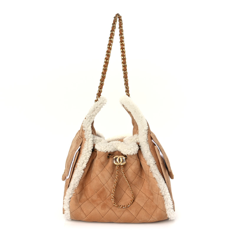  Chanel Suede Shearling Quilted Small Chanel 25 Handbag Beige White
