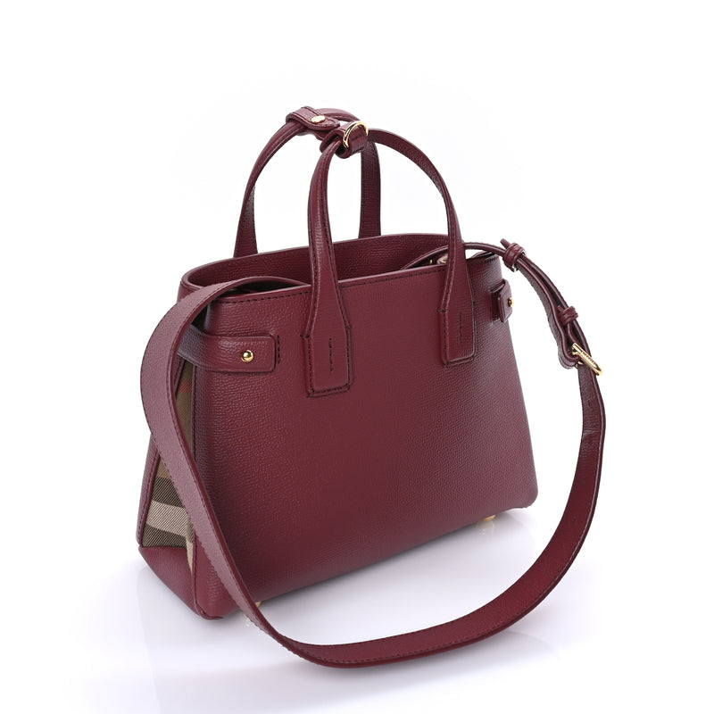  Burberry Grainy Calfskin House Check Small Banner Tote Crimson