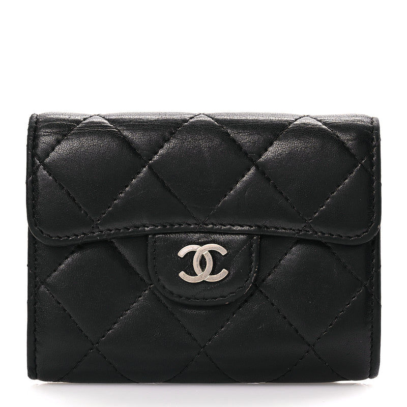  Chanel Lambskin Quilted Flap Card Holder Wallet Black