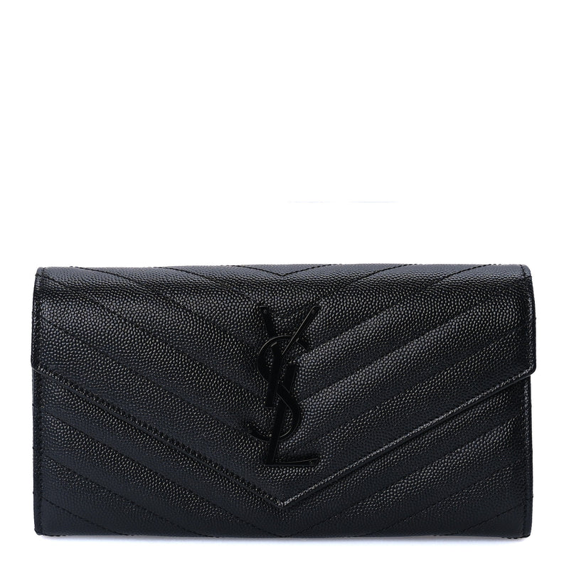  Saint Laurent Grain De Poudre Matelasse Chevron Monogram Flap Wallet Black