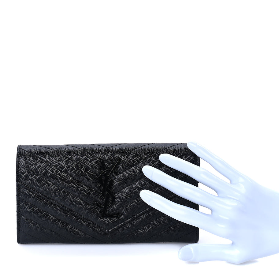 Saint Laurent Grain De Poudre Matelasse Chevron Monogram Flap Wallet Black Image 2