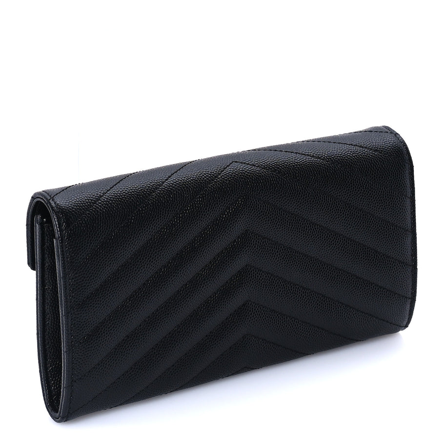 Saint Laurent Grain De Poudre Matelasse Chevron Monogram Flap Wallet Black Image 3