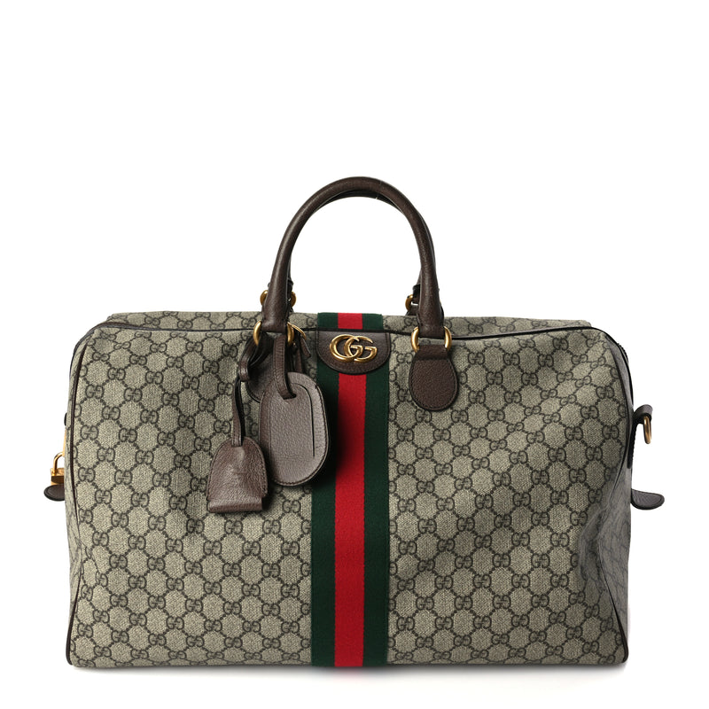  Gucci GG Supreme Monogram Textured Dollar Calfskin Web Medium Ophidia Carry-On Duffle Bag Beige Ebony New Acero