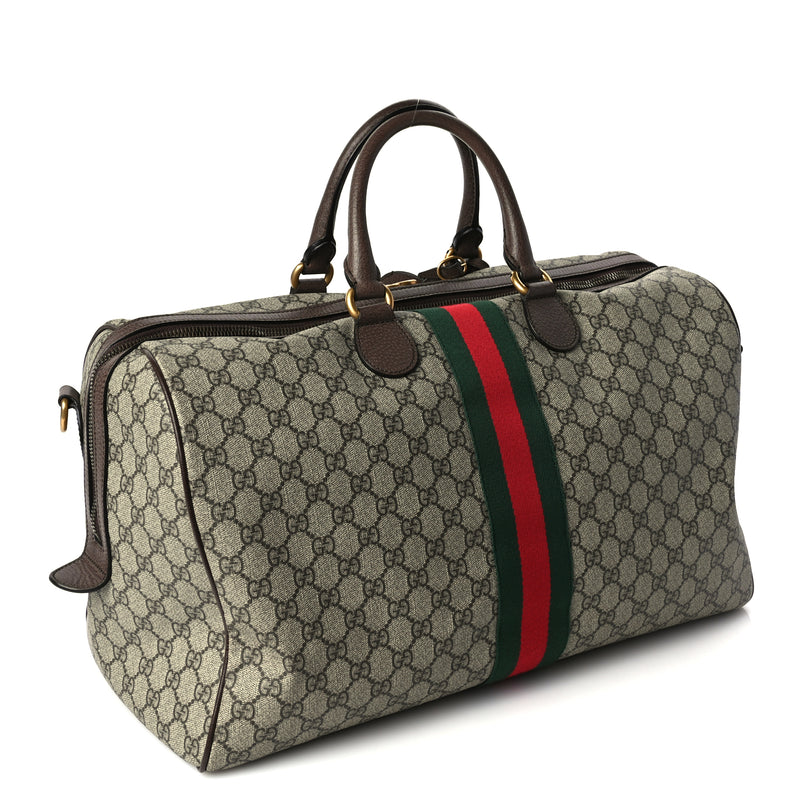  Gucci GG Supreme Monogram Textured Dollar Calfskin Web Medium Ophidia Carry-On Duffle Bag Beige Ebony New Acero