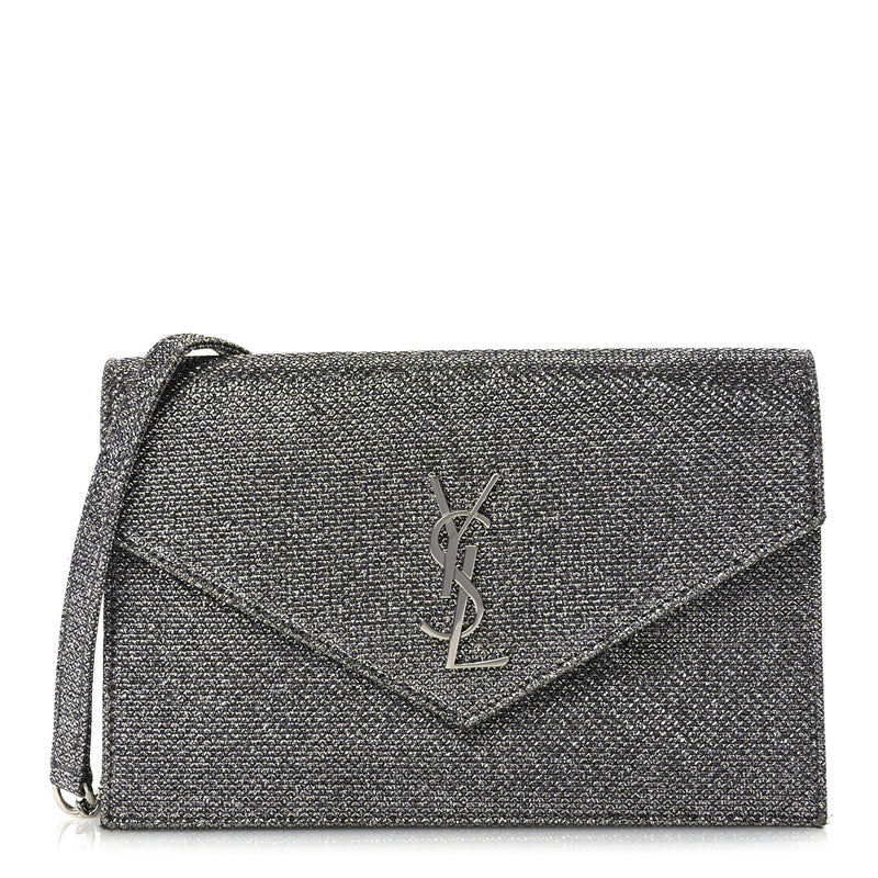  Saint Laurent Metallic Fabric Monogram Envelope Chain Wallet  Anthracite