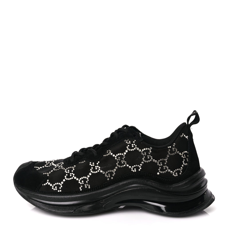  Gucci Tela Retino Mesh Crystal Suede GG Monogram Womens Gucci Run Sneakers 36 Black Silver
