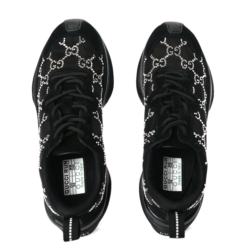  Gucci Tela Retino Mesh Crystal Suede GG Monogram Womens Gucci Run Sneakers 36 Black Silver