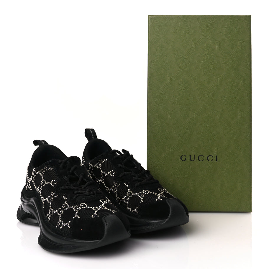 Gucci Tela Retino Mesh Crystal Suede GG Monogram Womens Gucci Run Sneakers 36 Black Silver Image 8