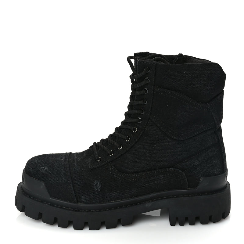  Balenciaga Canvas Distressed Mens 20mm Strike Lace Up Boots 46 Black