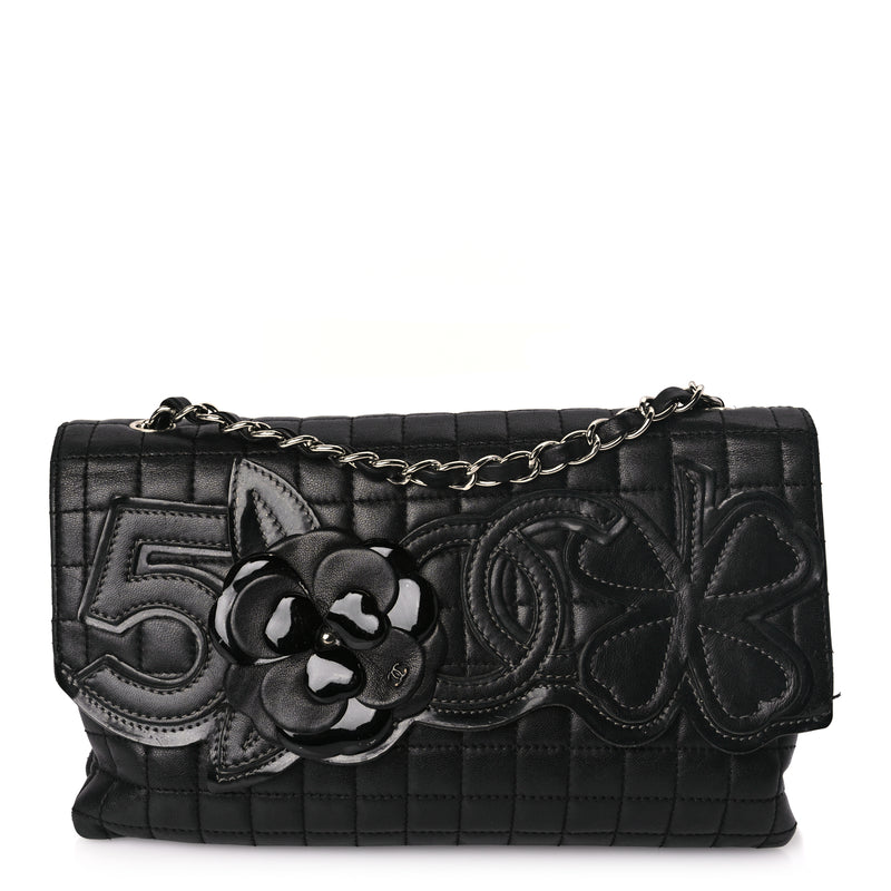  Chanel Lambskin Quilted Chocolate Bar Camellia No. 5 Flap Bag Black