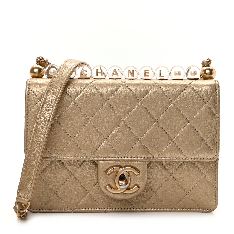 Chanel Metallic Lambskin Quilted Small Chic Pearls Flap Gold Image 1