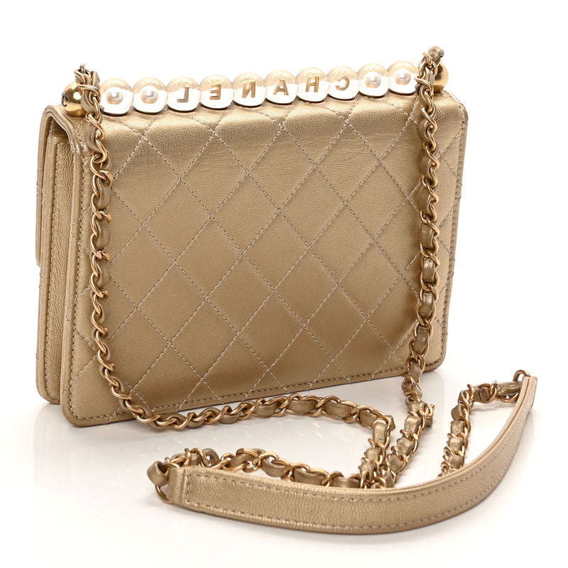  Chanel Metallic Lambskin Quilted Small Chic Pearls Flap Gold