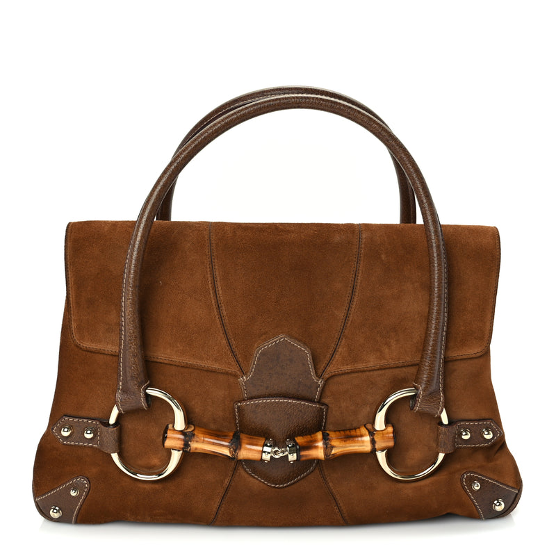  Gucci Suede Bamboo Horsebit Large Flap Bag Brown