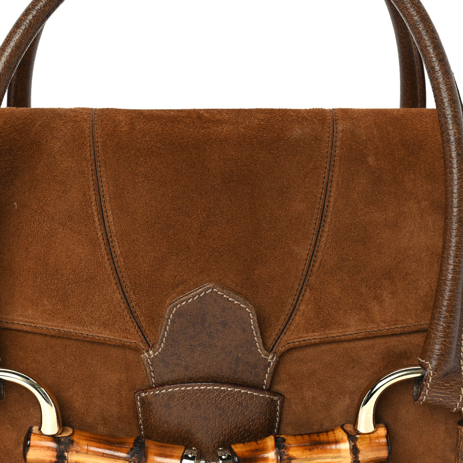 Gucci Suede Bamboo Horsebit Large Flap Bag Brown Image 6