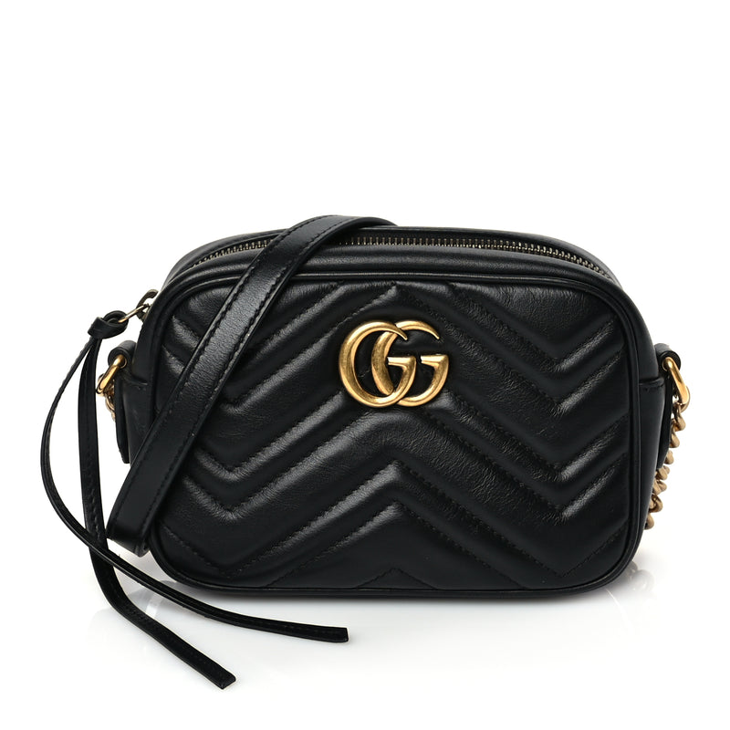  Gucci Calfskin Matelasse Mini GG Marmont Chain Shoulder Bag Black