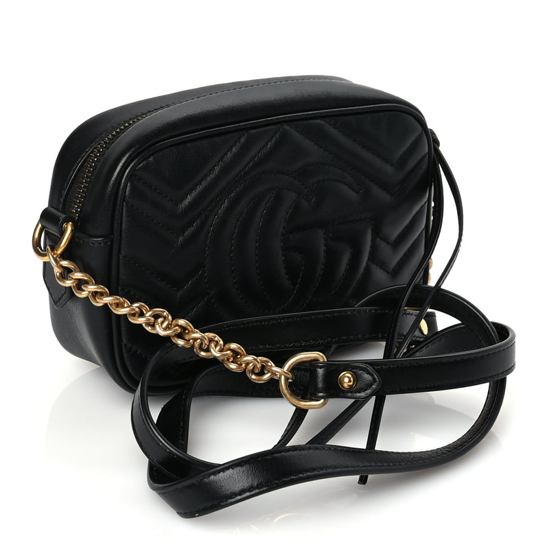  Gucci Calfskin Matelasse Mini GG Marmont Chain Shoulder Bag Black