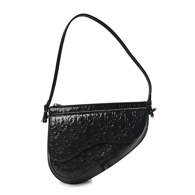  Christian Dior Patent Oblique Embossed Saddle Boxy Bag Black