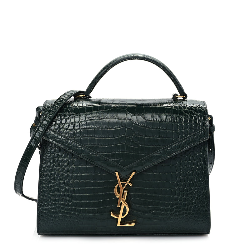  Saint Laurent Calfskin Crocodile Embossed Medium Classic Monogram Cassandra Top Handle Dark Mint