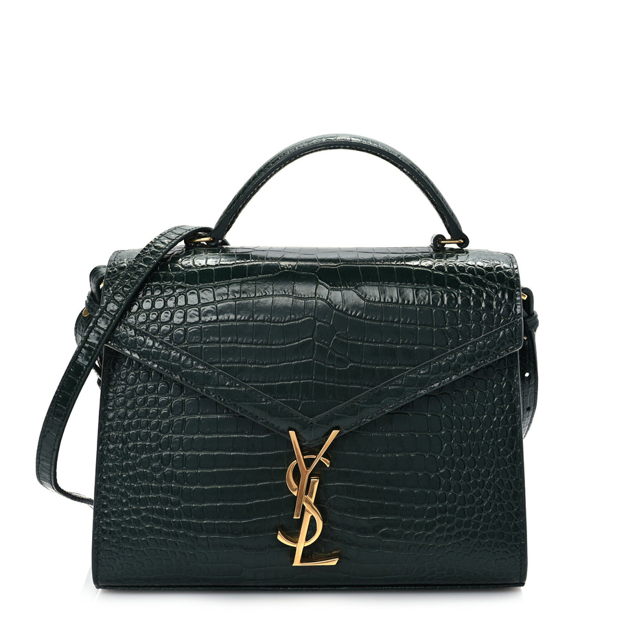 Saint Laurent Calfskin Crocodile Embossed Medium Classic Monogram Cassandra Top Handle Dark Mint Image 1