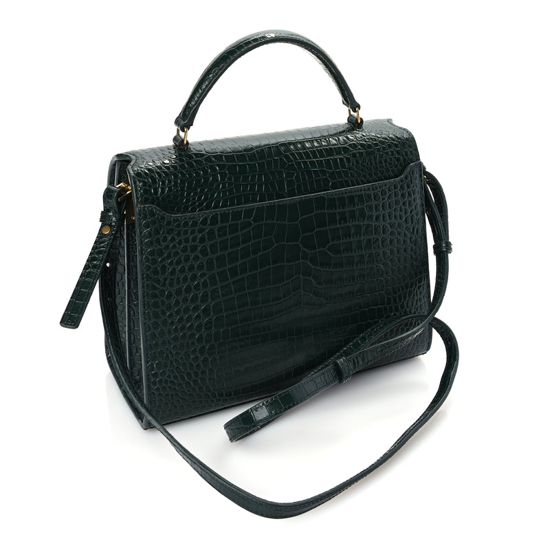  Saint Laurent Calfskin Crocodile Embossed Medium Classic Monogram Cassandra Top Handle Dark Mint