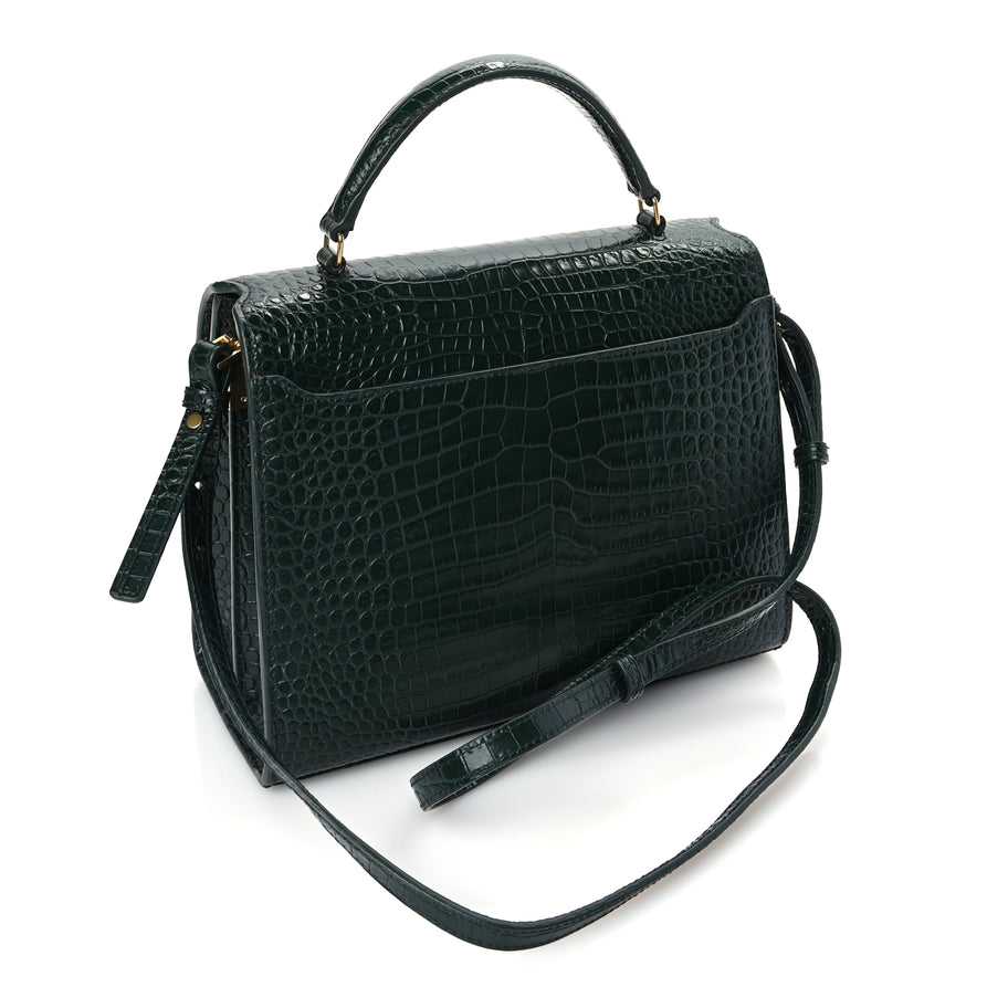 Saint Laurent Calfskin Crocodile Embossed Medium Classic Monogram Cassandra Top Handle Dark Mint Image 2