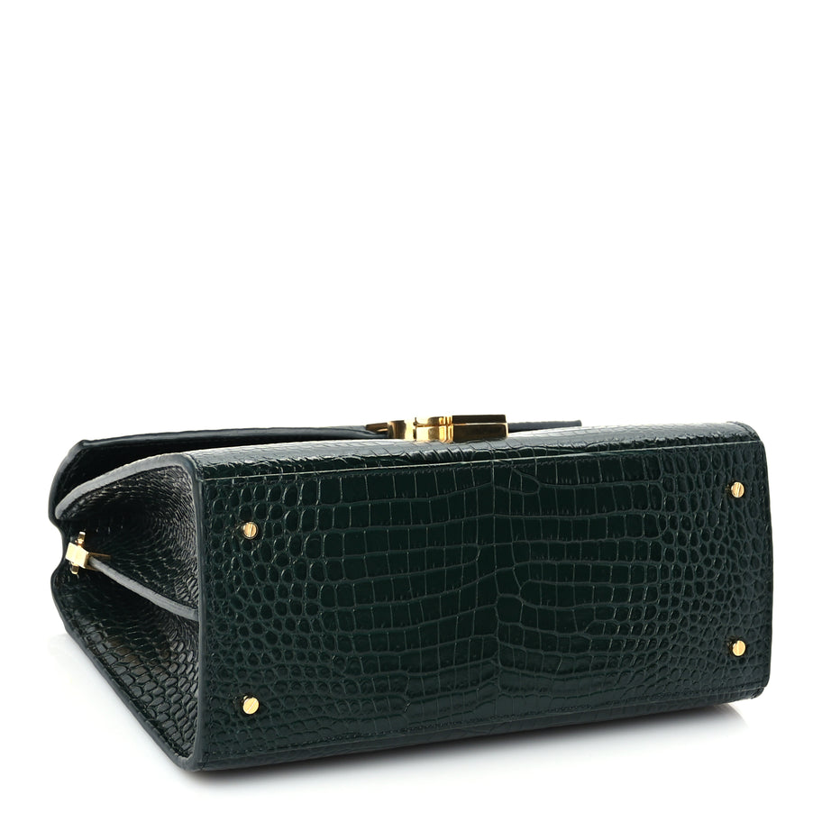Saint Laurent Calfskin Crocodile Embossed Medium Classic Monogram Cassandra Top Handle Dark Mint Image 3