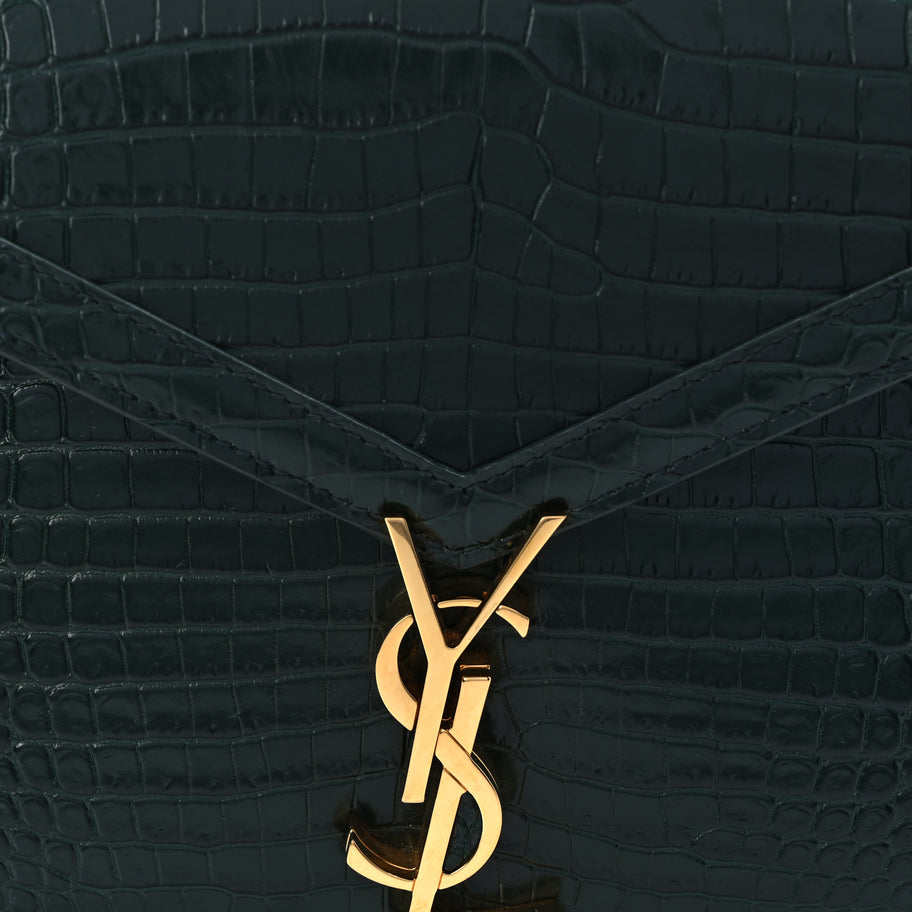 Saint Laurent Calfskin Crocodile Embossed Medium Classic Monogram Cassandra Top Handle Dark Mint Image 6