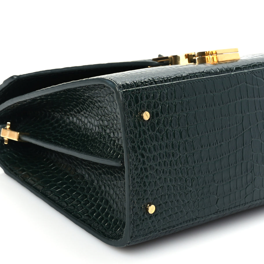 Saint Laurent Calfskin Crocodile Embossed Medium Classic Monogram Cassandra Top Handle Dark Mint Image 7