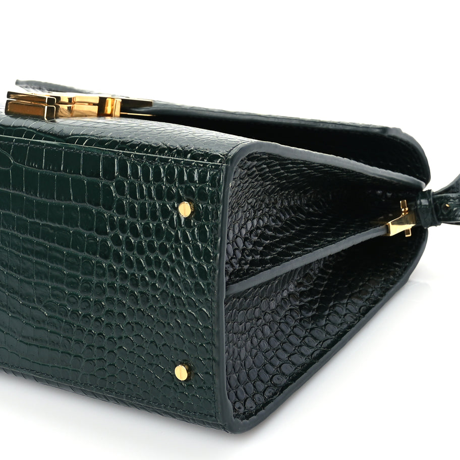 Saint Laurent Calfskin Crocodile Embossed Medium Classic Monogram Cassandra Top Handle Dark Mint Image 8