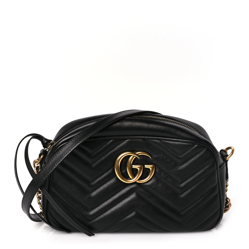  Gucci Calfskin Matelasse Small GG Marmont Chain Shoulder Bag Black