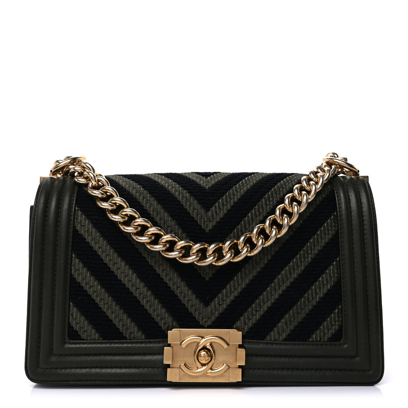  Chanel Fabric Chevron Braided Medium Boy Flap Black Dark Green
