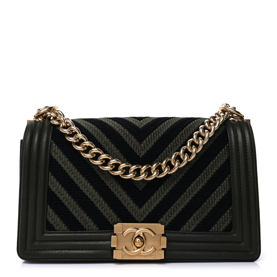 Chanel Fabric Chevron Braided Medium Boy Flap Black Dark Green Image 1