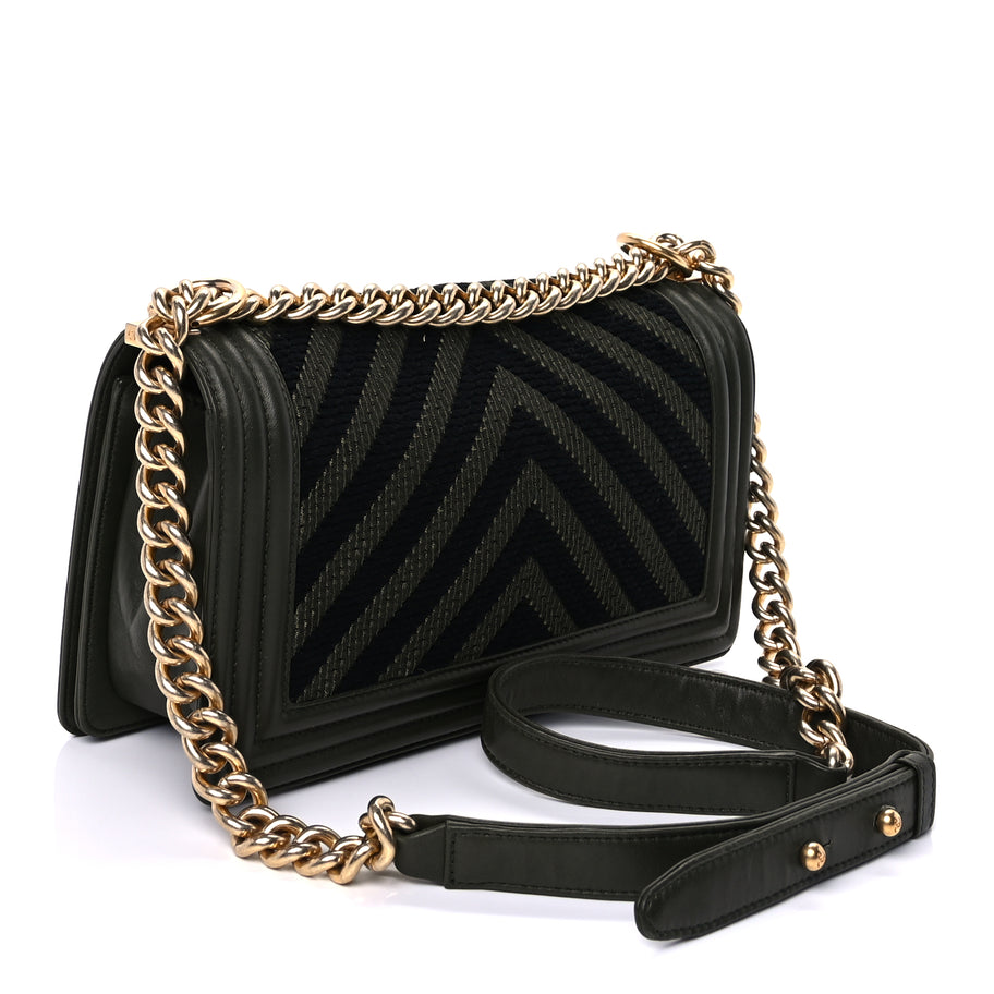 Chanel Fabric Chevron Braided Medium Boy Flap Black Dark Green Image 2