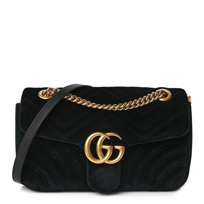  Gucci Velvet Matelasse Small GG Marmont Shoulder Bag Black
