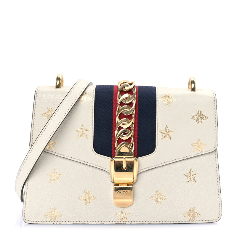  Gucci Textured Calfskin Bee Star Print Small Sylvie Shoulder Bag  Mystic White