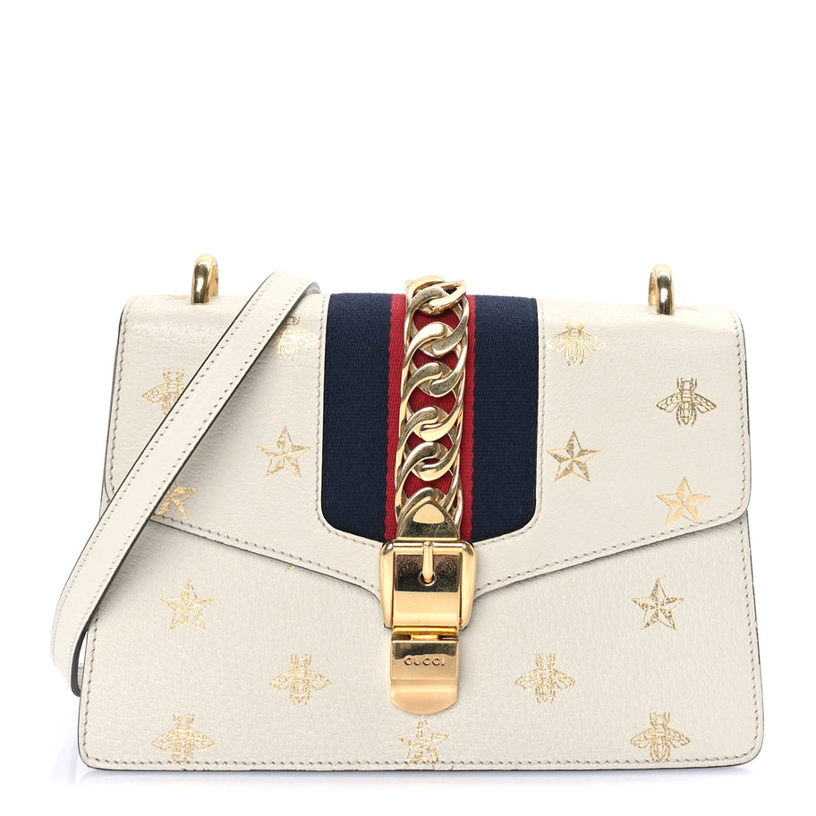 Gucci Textured Calfskin Bee Star Print Small Sylvie Shoulder Bag  Mystic White Image 1