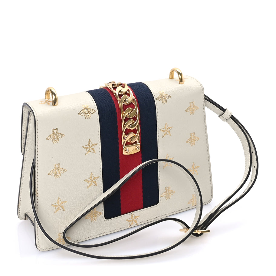 Gucci Textured Calfskin Bee Star Print Small Sylvie Shoulder Bag  Mystic White Image 2