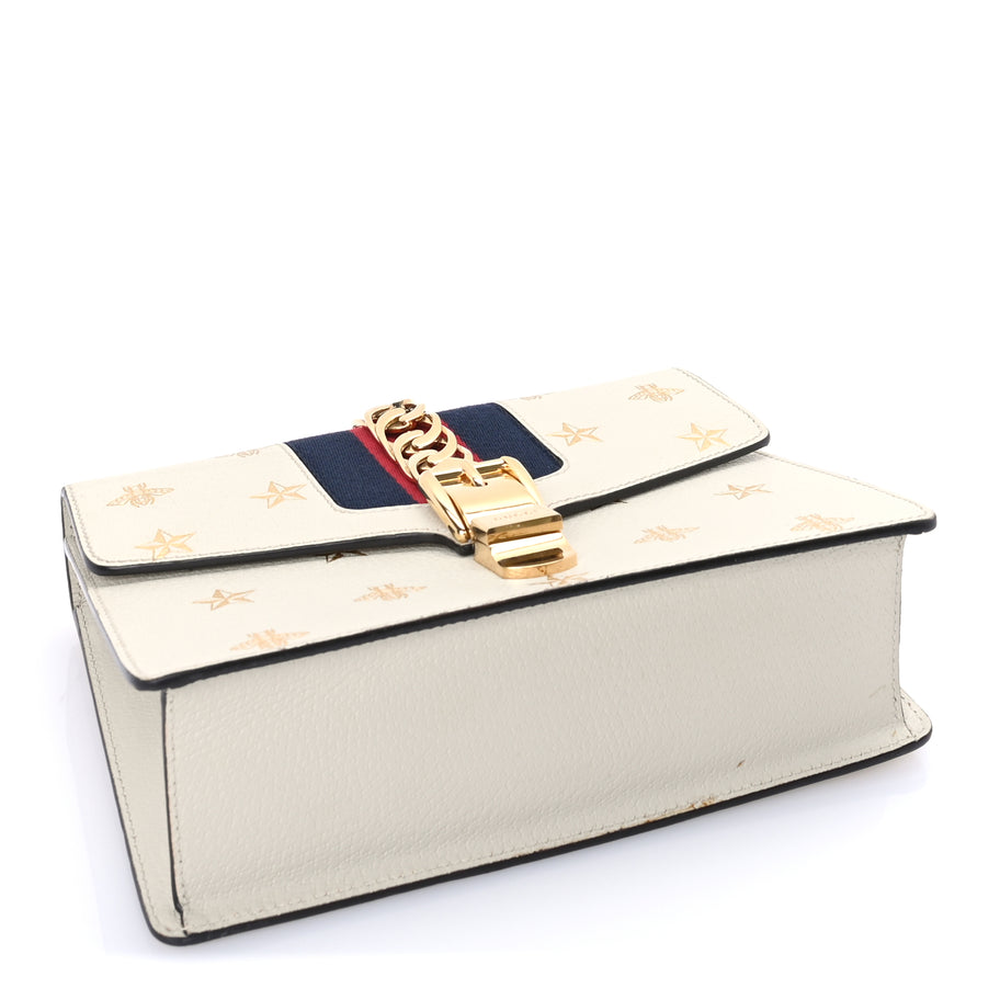 Gucci Textured Calfskin Bee Star Print Small Sylvie Shoulder Bag  Mystic White Image 3
