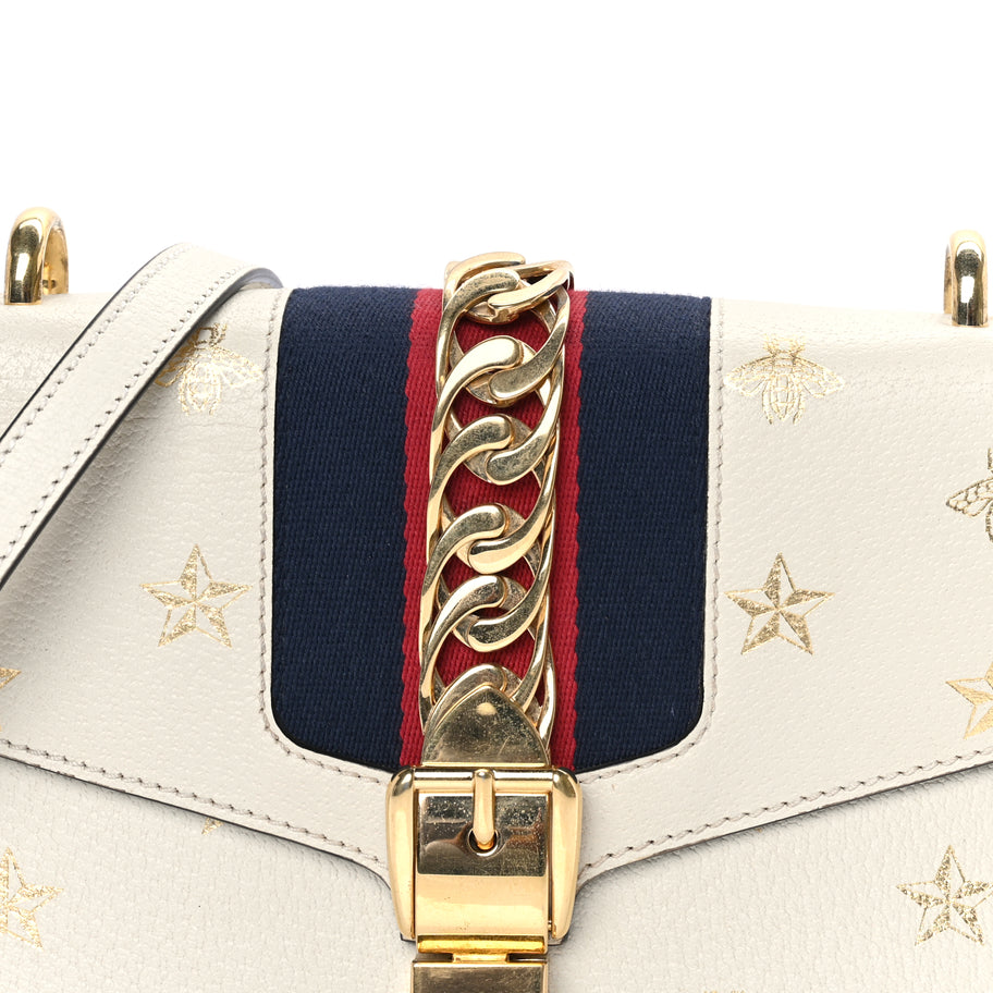 Gucci Textured Calfskin Bee Star Print Small Sylvie Shoulder Bag  Mystic White Image 6