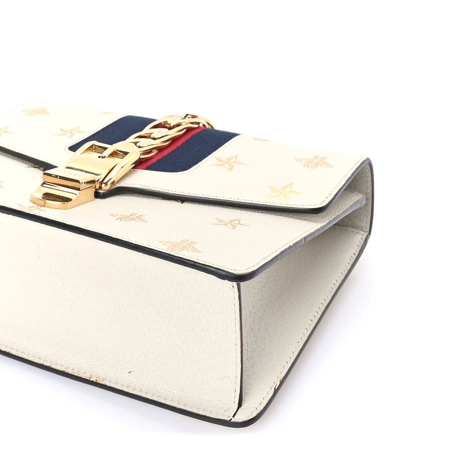 Gucci Textured Calfskin Bee Star Print Small Sylvie Shoulder Bag  Mystic White Image 8
