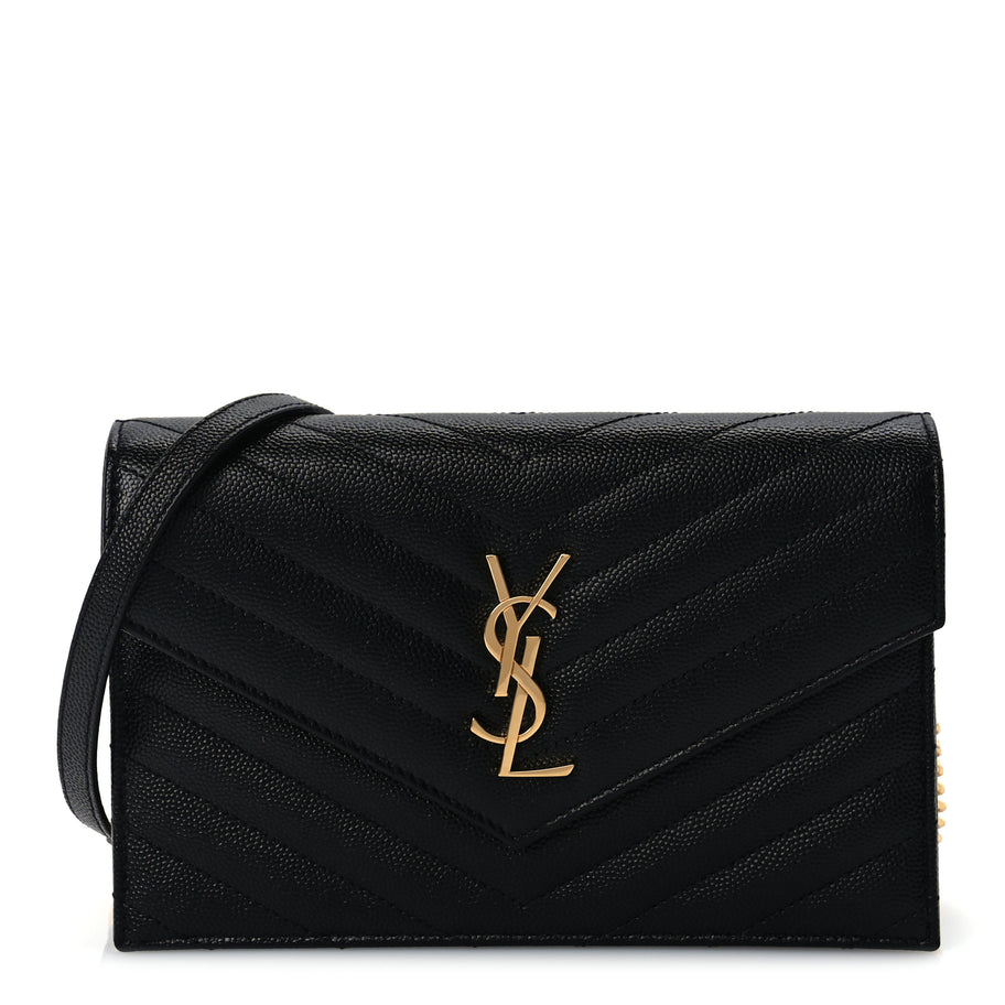 Saint Laurent Grain De Poudre Matelasse Chevron Monogram Envelope Chain Wallet  Black Image 1