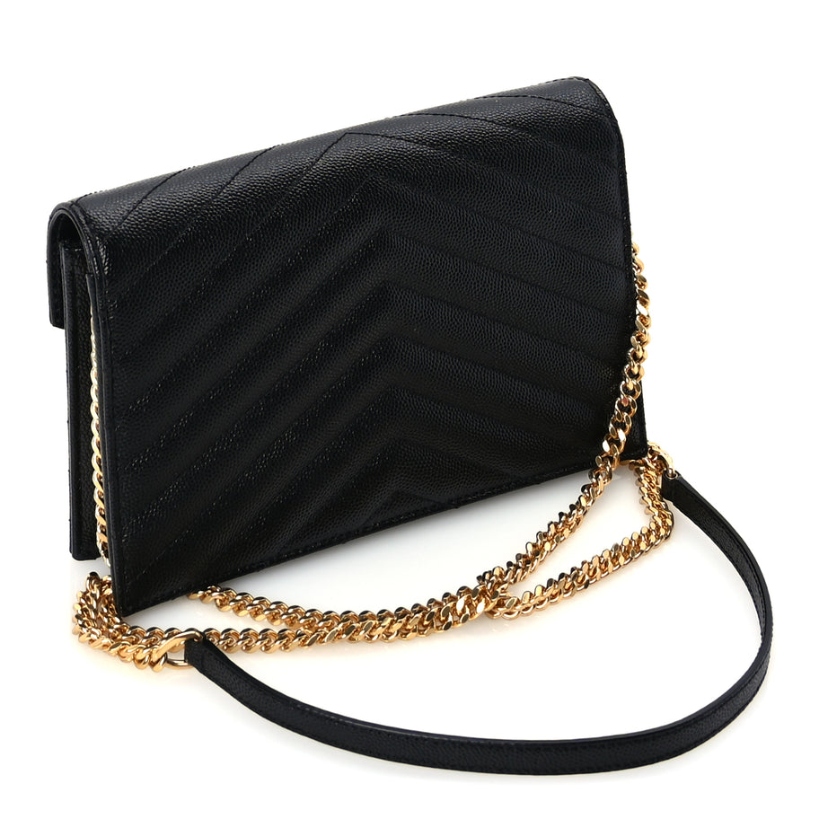 Saint Laurent Grain De Poudre Matelasse Chevron Monogram Envelope Chain Wallet  Black Image 2