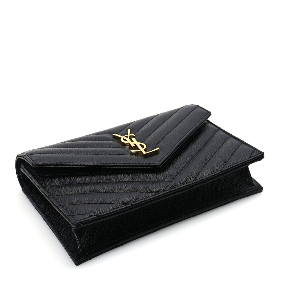 Saint Laurent Grain De Poudre Matelasse Chevron Monogram Envelope Chain Wallet  Black Image 3